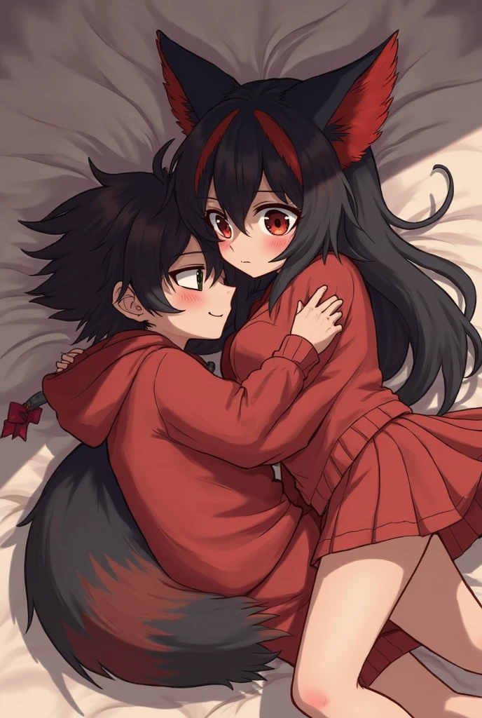 Short black haired anime boy shirtless on top of red eyed girl black hair cat ears red hoodie