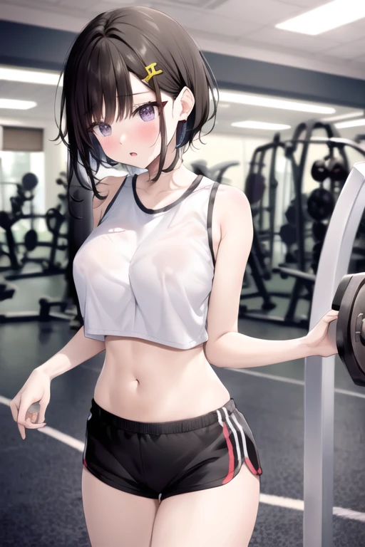 Athletic, one girl, toned body, sports bra, booty shorts, jogging clothes, toned arms, sweaty, thick thighs, large breasts, abs, solo
