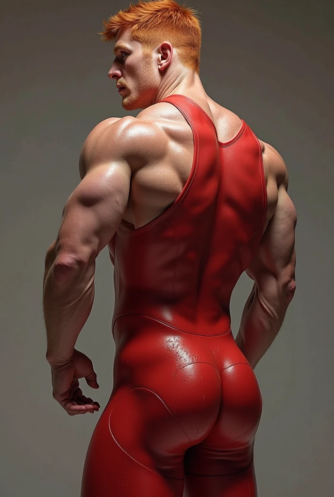 masterpiece,best quality,highres, ultra detailed ,(An 18-year-old boy with extraordinary development:1.2), (Tall and fit body),Male model height,solo focus,(Kneeling upright on the volleyball court),Look up at the character head-on,Stay away from the camera,Exaggerated muscular physique,exaggerated physique,(Wearing a red tight-fitting cycling suit),(Broad and straight shoulders),Longer neck,Muscular shoulders,Strong and muscular body,Bodybuilding Champion,Muscular body,Fitness,Perfect body proportions,Inverted triangle figure,Biceps,Highlight muscle texture,Slender and toned legs,Small head,Handsome and cute face,Perfectly detailed facial features,Looking at the camera,Excited happy expression,leaning back,head tilt, happy, very short hair, brown hair,(looking at viewer:1.2),full body,Bright Light,Visiotomically correct