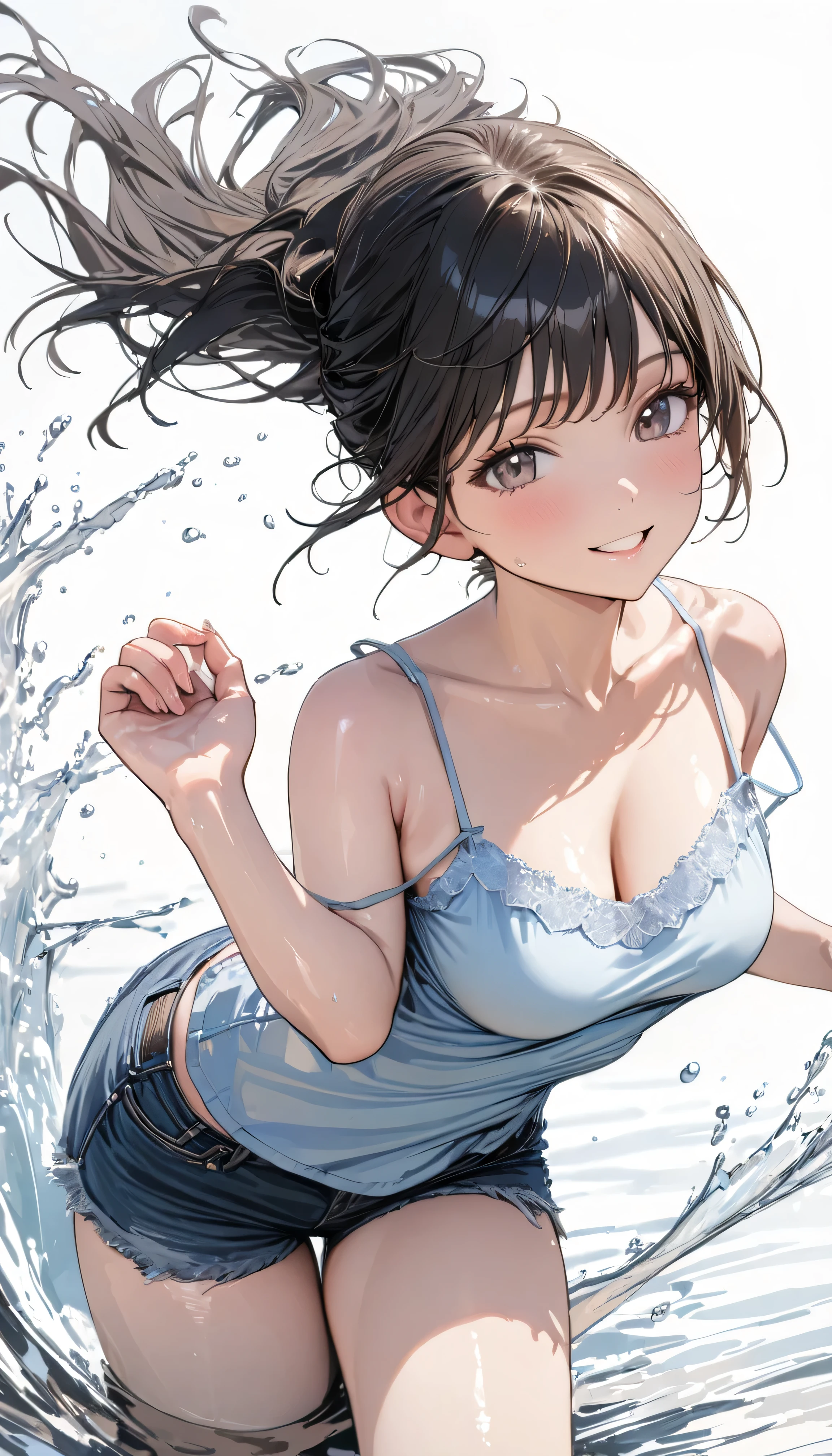 1 female,black hair,,(((Blue Shiny Shorts)))((white tank top))(((blush、open mouth smile)),(((straight hair))),(((portrait))),crowd,,((wet with sweat))(((sexy black bra and see-through tank top)))()(((small breasts)))
