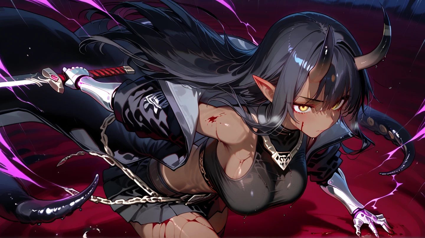 Hell fortress life, demon empress, Daria,

Glaring at Viewer, From below, Focus, 
Red sky, battlefield,
​masterpiece, top-quality, Anatomically correct, SFW,
POV, imperial armor,