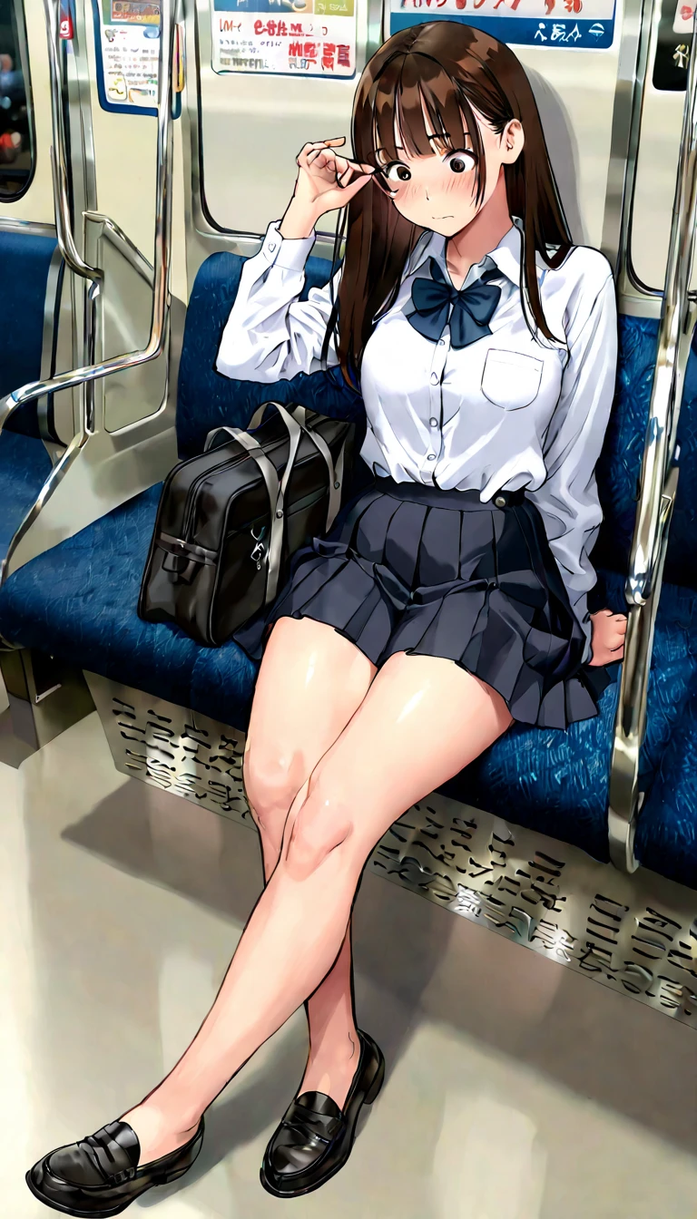 Browsing Caution,4K,Gal:1.3,Anatomically correct,school uniform:1.3,A pure and innocent girl, Very cute face, Like an idol, (masterpiece:1.2), (high quality), panties, loose socks, Hip, Blue Skirt, alone, Blazer Type, loose socks, Lifting clothes, Brown eyes, pure gaze, mini skirt, Lift yourself up, Check skirt, blush,((Center of chest)), (Sweating profusely), Long Hair, physical education, Beautiful feet, ((in the train))