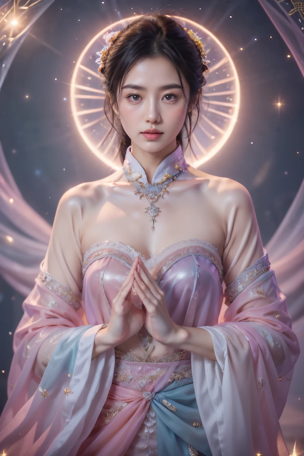 Full body photograph of a girl in lotus position,raw, Shooting, (Be concentrated:1.5), (reality:1.4), dusk lighting, volumetric lighting, ultra high resolution,dramatic lighting, White background,(zentangle,mandala,dispute,Plot), fox demon,Fox mask,bomber jacket, Foxfire Curse, fox family, transformation, depth of field, dream atmosphere, The most beautiful chaos, funny, Dark Brutalist Design Theme., flower of death, Flowers of ecstasy,bright line,Example of glow,Tracking example,flash, Backlight,translucent,light particles, petal girl