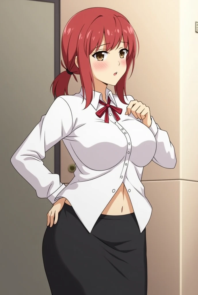 holding panties, blush, pee stain, big breasts, 1girl, redhead, pink panties