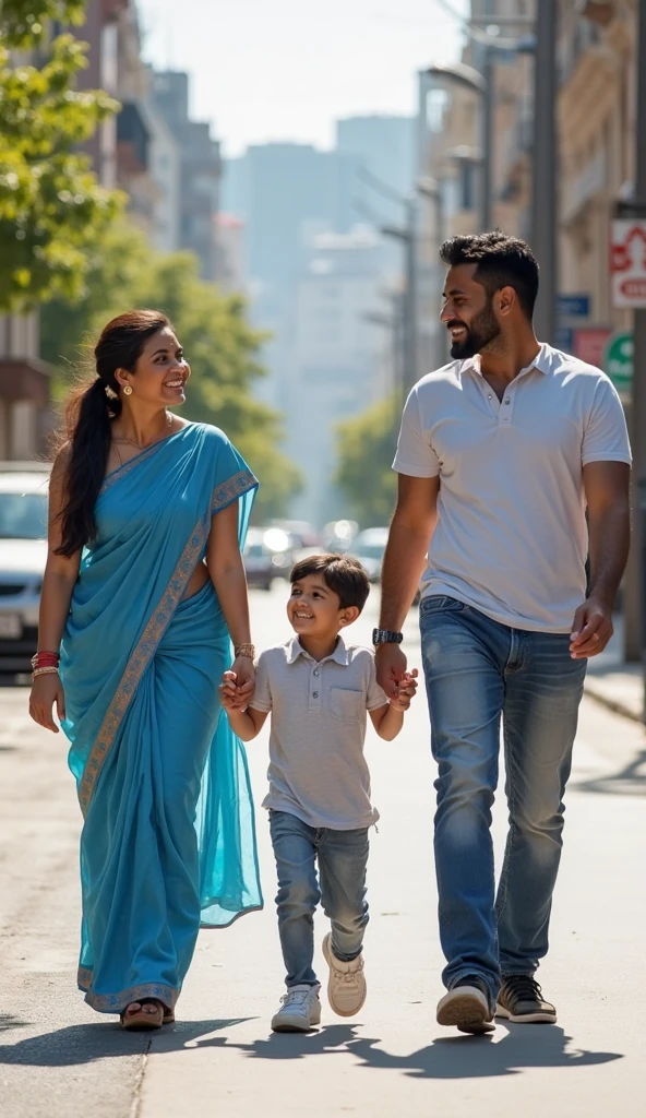 A real family of three is standing together, looking directly at the camera with warm smiles. The father, a tall man with short, dark hair, is standing on the left, wearing a casual shirt and jeans. The mother is 25 years old and weight 60 with fair skin,health,blackhair, is on the right, wearing an Indian Navy blue Sare. Between them, their 5 year old son stands, holding both of their hands. The son has black hair, is wearing a bright t-shirt, and has an excited expression.