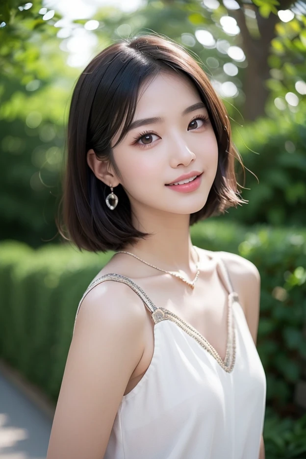 (highest quality、8k、Best image quality、Award-winning works)、(eye shadow:1.2)、Beautiful and delicate portrait of a playful cute girl with boyish short hair, Mischievous Smile, ,Black Hair, White maid outfit、Emerald Green Sea, Dancing Petals, Full Body Shot , Dance Perfect Makeup、Long eyelashes、Ultra-high definition sparkling eyes、Ultra HD Hair、Ultra High Resolution Glossy Lips、Ultra High Resolution Perfect Teeth、Ultra HD cute face、Brown Hair、Look at me and smile、[clavicle]、(Accurate anatomy:1.1),God&#39;s Rays, Backlight, Nermin,(Droopy eyes, Natural Makeup、Ultra-high definition beauty face:1.25)、(Ultra high resolution perfect beautiful teeth, Mid-chest, Tight waist, smile:1.15)、Ultra HD Shining Eyes、Super high quaHigh resolution 16K human skin closeup。 The skin texture is natural、,Pores、It must be detailed enough to be easily identifiable.。 Skin should look healthy and have an even tone。 Use natural light and color,lity glossy lip