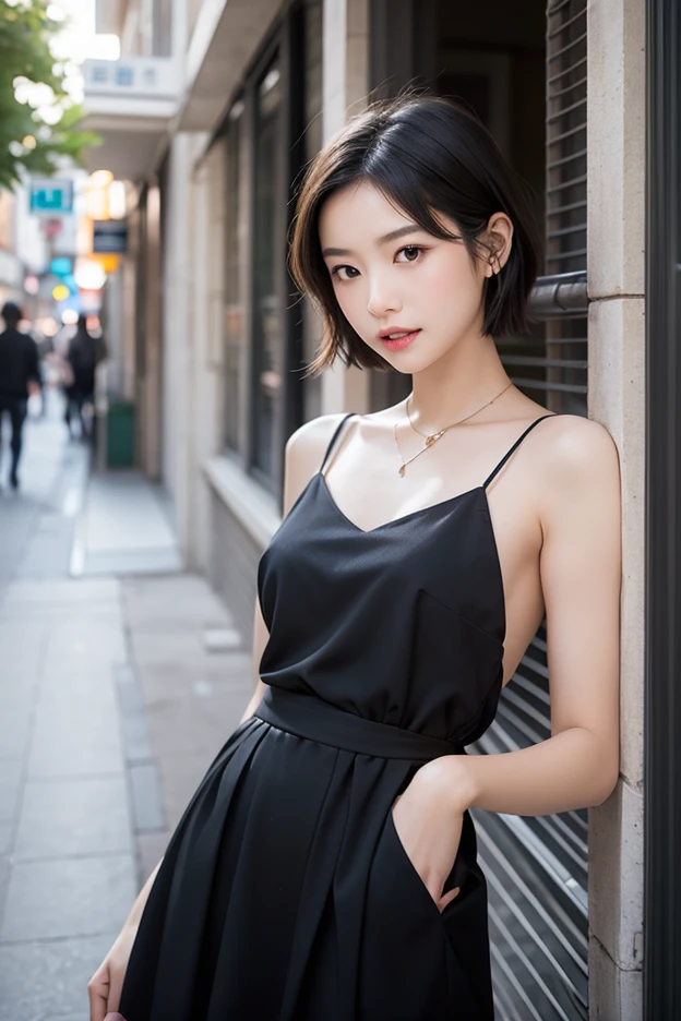 ((table top:1.4, highest quality)), (realistic pictures:1.4), 
((1 girl)), glossy black hair, semi-short hair,
(超High resolution:1.2), very delicate and beautiful, wonderful, 
Highly detailed CG Unity 8K wallpaper, Super detailed, High resolution, soft light, 
beautiful detailed girl, highly detailed eyes and face, beautifully detailed nose, beautiful and detailed eyes, 
(gorgeous long dress:1.4),
cinematic lighting, perfect anatomy, slender body, firm chest,
(Stand in front of a fashionable café in Paris:1.3), (city light at night:1.4), (outdoor:1.3), 
cowboy shot, looking at the viewer
