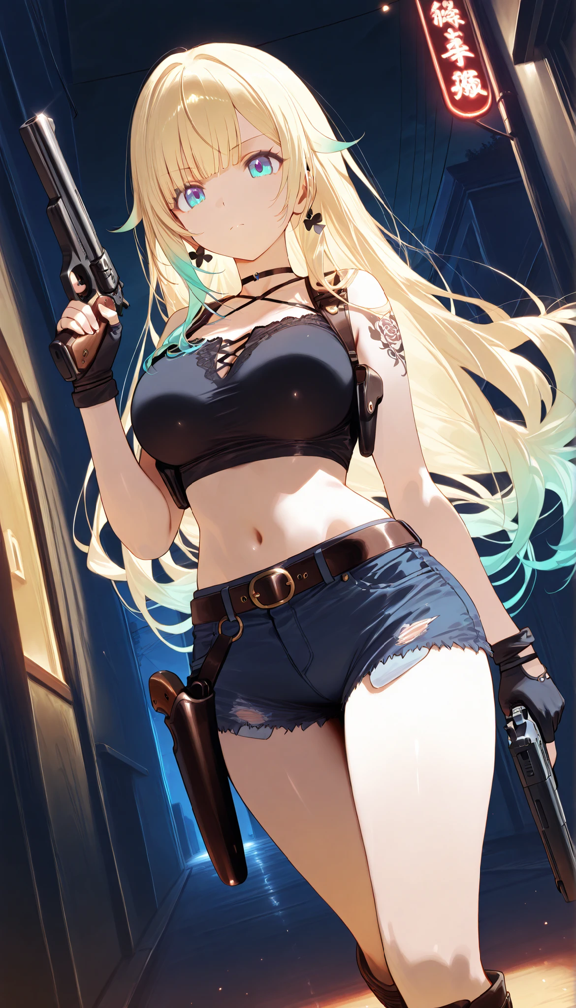 masterpiece, score_9, score_8_up, score_7_up, anime, pinup, Supreme Masterpiece, perfect eyes, perfect face, Best Quality, high resolution, aizawa ema, 1girl, virtual youtuber, blonde hair, aqua hair, gradient hair, long hair, very long hair, blunt bangs, blue eyes, large breasts, shoulder tattoo, crop top, short shorts, denim shorts, belt, midriff, fingerless gloves, shoulder holster, black top, round neck, boots, standing, side angle, serious, holding handgun, dual handguns, large handguns, night, narrow alley, black sky, 2 pistol holsters