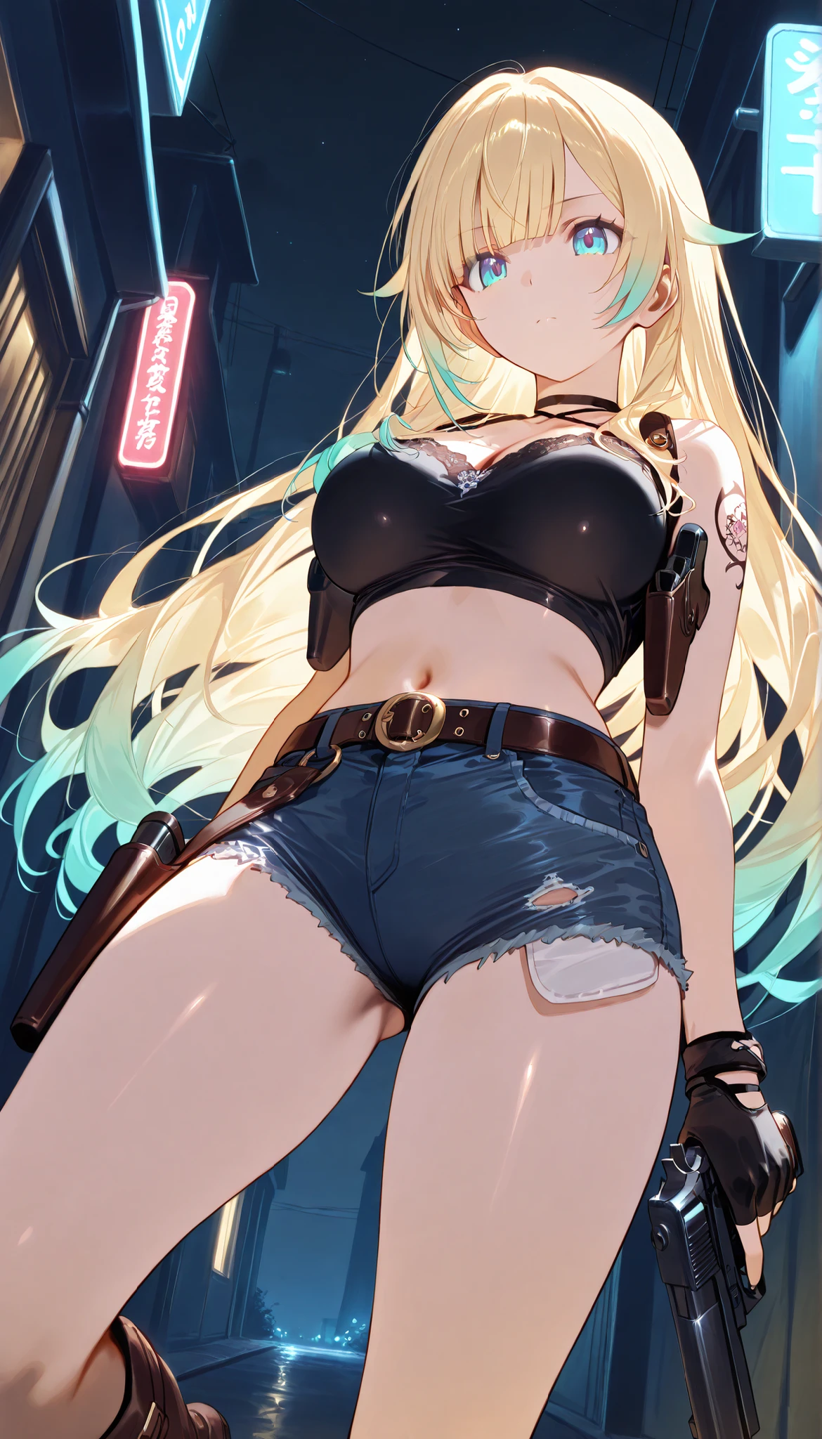 masterpiece, score_9, score_8_up, score_7_up, anime, pinup, Supreme Masterpiece, perfect eyes, perfect face, Best Quality, high resolution, aizawa ema, 1girl, virtual youtuber, blonde hair, aqua hair, gradient hair, long hair, very long hair, blunt bangs, blue eyes, large breasts, shoulder tattoo, crop top, short shorts, denim shorts, belt, midriff, fingerless gloves, shoulder holster, black top, round neck, boots, standing, side angle, serious, holding handgun, dual handguns, large handguns, night, narrow alley, black sky, 2 pistol holsters