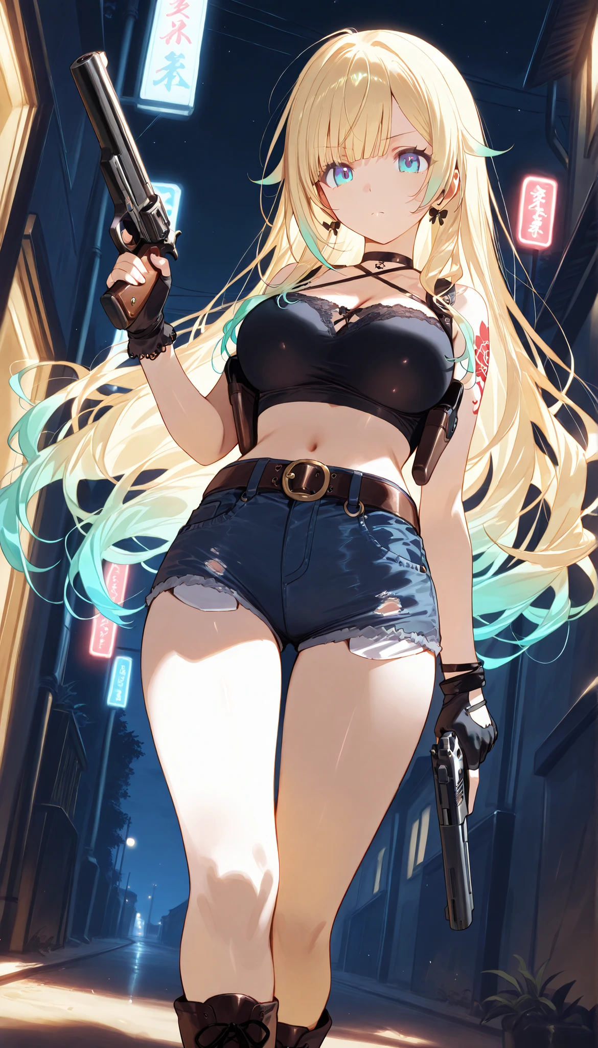 masterpiece, score_9, score_8_up, score_7_up, anime, pinup, Supreme Masterpiece, perfect eyes, perfect face, Best Quality, high resolution, aizawa ema, 1girl, virtual youtuber, blonde hair, aqua hair, gradient hair, long hair, very long hair, blunt bangs, blue eyes, large breasts, shoulder tattoo, crop top, short shorts, denim shorts, belt, midriff, fingerless gloves, shoulder holster, black top, round neck, boots, standing, side angle, serious, holding handgun, dual handguns, large handguns, night, narrow alley, black sky, 2 pistol holsters