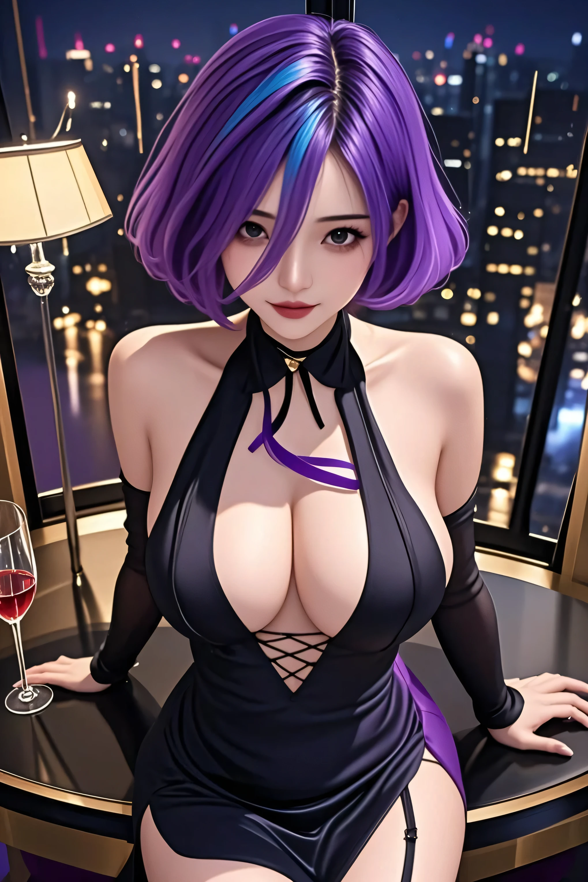 Young beautiful woman,(best quality,Extremely detailed depiction,Incredible high resolution,Anatomically accurate description,Bent Legs),(Radiant Skin,Glowing skin),(Priest,複雑な光沢のあるのPriestの服),eyelash,(Purple eyes sparkle,Crazy Eyes,There is cleavage on the chest,Charming smile,Glossy lips,Seductive Stance),Sweat,whole body,background:Bedroom at night