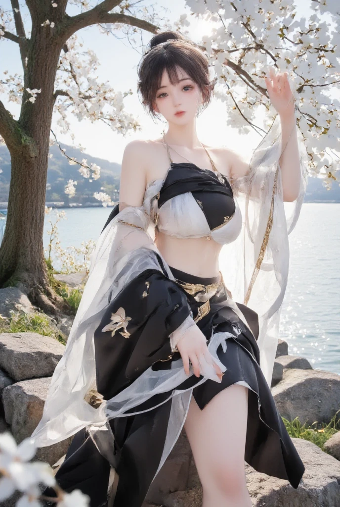 Official Art, Unified 8K Wallpapers, Ultra Detailed, Beautiful and Aesthetic, Masterpiece, Best Quality, (Zentangle, Tangle, Entangle), (fractal art: 1.4), 1girl, black hair, Chinese, bare shoulders, short skirt, calf, navel, very detailed, dynamic angle, cowboyshot, (most beautiful form chaos), flowing, (bright colors), oc, (half: 1.2), china, (thangka flying sky: 1.5), (ribbon: 1.3), (dream: 1.5), (hanfu: 1.5), Chinese dragon, Chinese phoenix, (smile: 0.5), (Chinese deity),