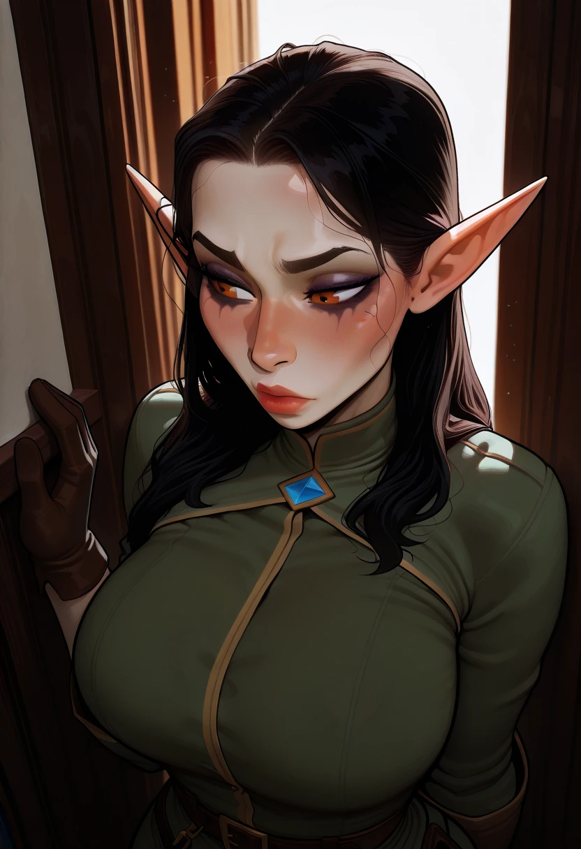 young girl, mage,18 yo,elf, long black hair, green eyes, she shy,this is an image, loose red blue mage outfit, medieval fantasy, funny comics , drawing by Andy Singer,,she covers her breas