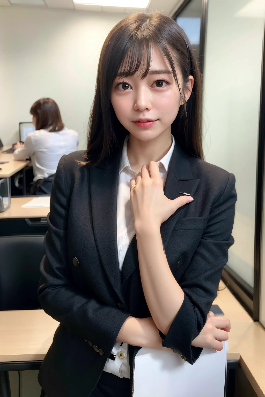 Tabletop, highest quality, Very detailed, finely, High resolution, 8k wallpaper, Perfect dynamic composition, 1 girl, Japanese Girls, Captivating smile, beautiful, Very good looking, Cute as a doll, Female Idols, round and large eyes, Droopy eyes, Small nostrils, 緻密でbeautiful目, Natural Lip,blazer ,Big Breasts, whole body