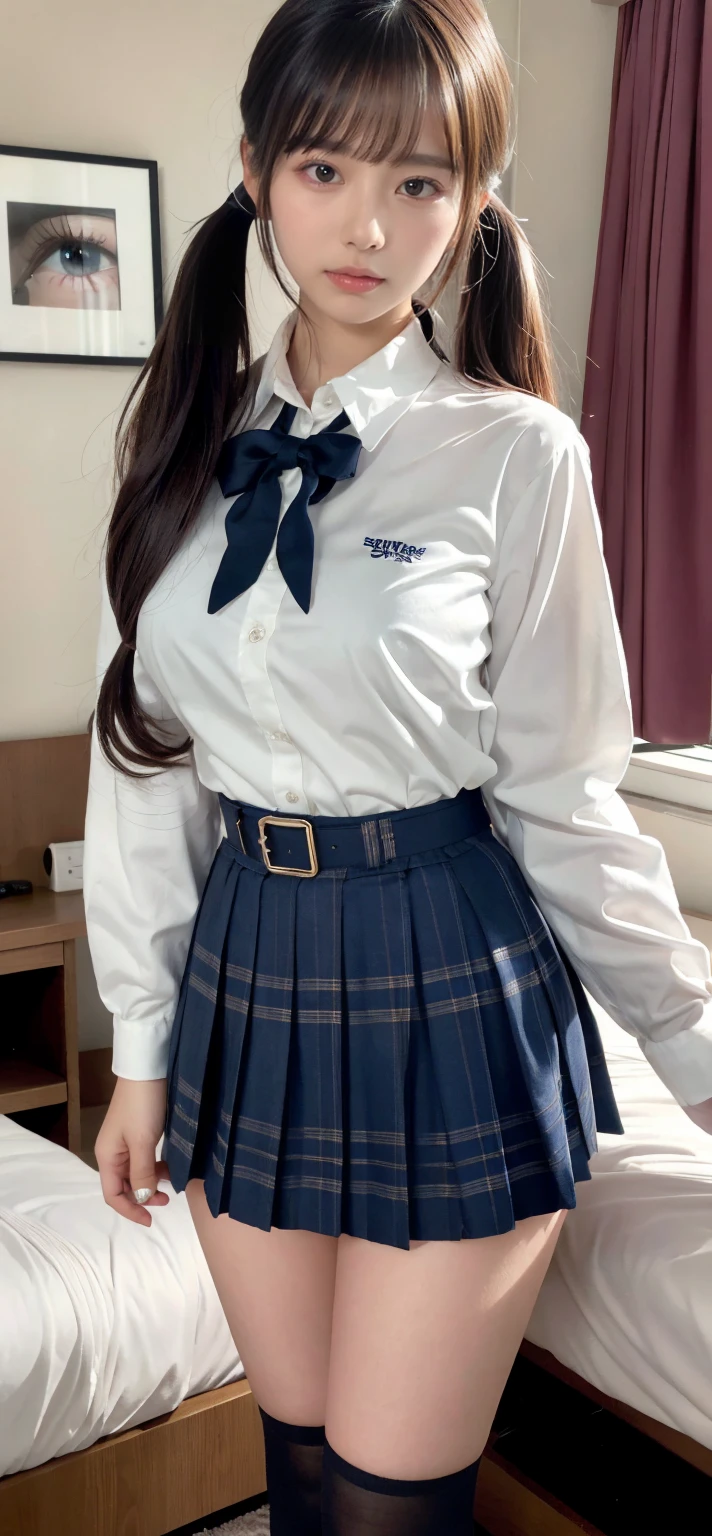 (8k, best quality, masterpiece:1.2), realistic, ultra highres, intricate details,
1girl,beautiful face, jk suit,white shirt,Blue tie,Tartan check skirt,pleated skirt, big breasts, the whole body,