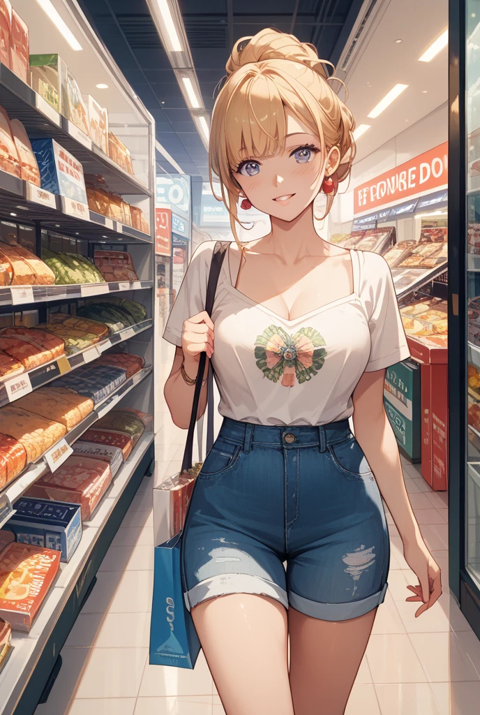 1girl, solo, android 18, blonde hair, blue eyes, short hair, jewelry, earrings, naughty smile, open front,bra revealed, open zipper jacket, jens jacket, big breast, black bra, looking at viewer, supermarket background, High quality, sexy bra