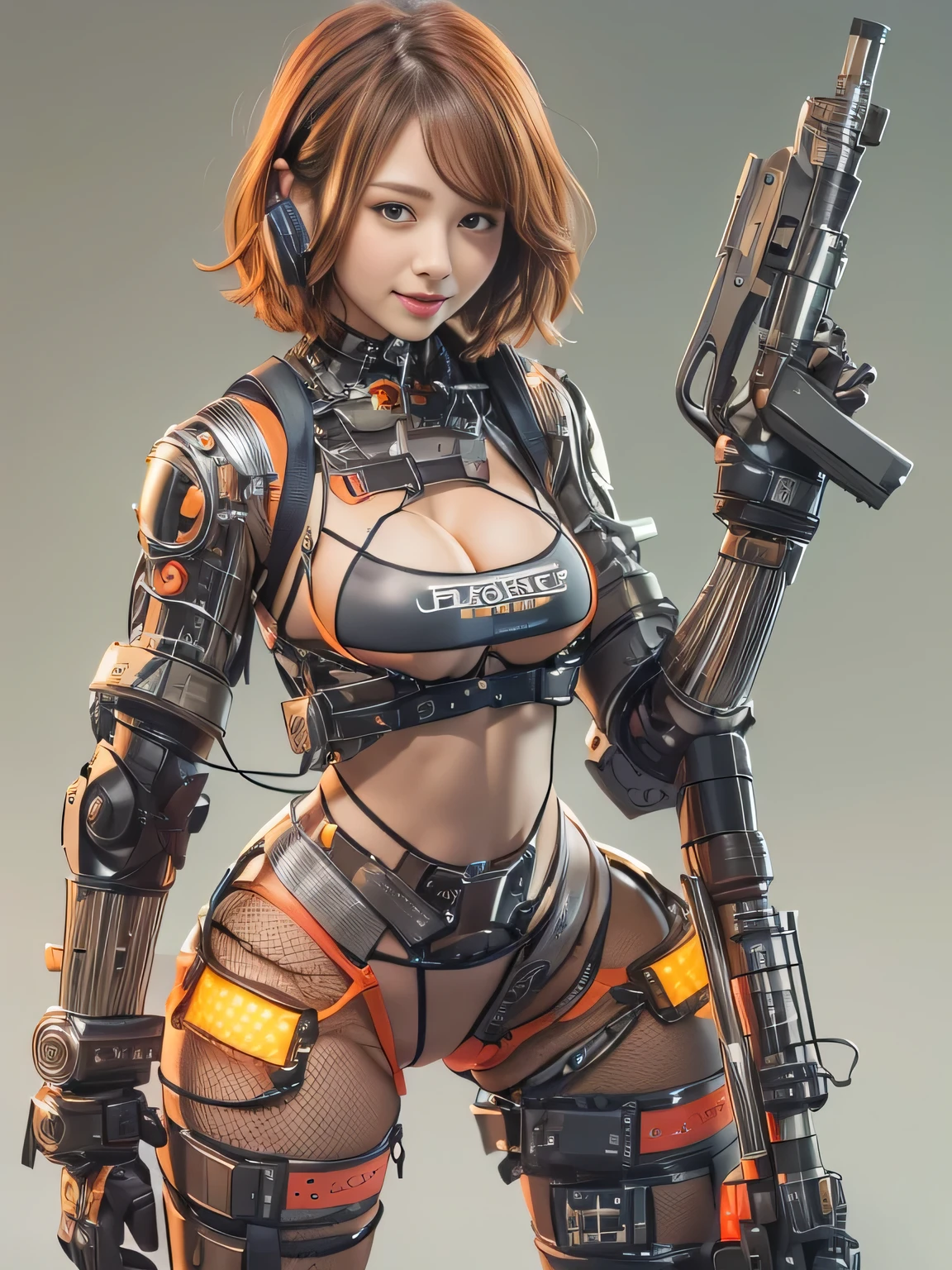 1 cute girl (18yo) , upper body, slim waist, natural medium breast, sexy pose, happy face, bangs, random hairstyle, cleavage, navel, , seductive smile, wear intricately detail hot and sexy outfit, full robotic costume, wear unique helmet, red color, upper body. flat gray color for background