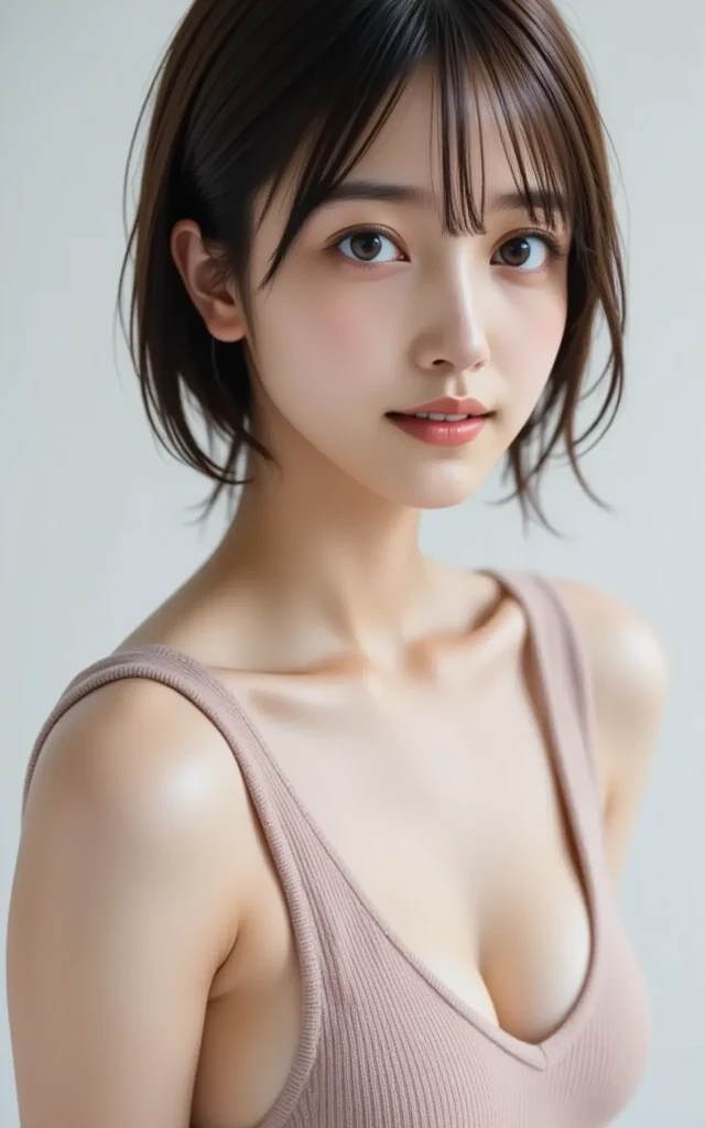 (((32k,best image quality,high details,high detail、masterpiece,attention to detail,Full body Esbian,solo))),RAW photo & realistic atmosphere,beautiful dark blue eyes,super detailed face,detailed mouth,glossy lips,fine eyebrows,Detailedly drawn eyes、Soft white skin that shines in every detail、Very beautiful eyes with deep blue eyes,lip details,lips slightly open,plump lips,very beautiful face,very well-shaped face,lifelike face,realistic teeth,double eyelid,shining beautiful lips,Facial expressions that want to kiss,soft chest,hand touching chest,sexy underwear,Clothes with a wide open chest,Thin camisole,Sensual cleavage,My bra is off,well-shaped nipples,mole on chest,wet body,raise the corners of your mouth,dazzling smile,string panties,spread your hands,beautiful eyebrows,earrings,stick out your ears,lip gloss,exposure of skin,nude,infinite reality,In a cute pose,Realistic like手グラビアアイドル,likeき官能グラビアアイドル, Very beautiful and cute24old adult woman,with a flushed face,incredibly beautiful and classy,natural soft light,In a room where light shines in,simple background,Waking up in the morning,(chestnut shiny hair,very short bob hair,let bangs fall,barefoot,beautiful and gentle eyes:1.5),(like々The beauty,Heavy wear,back to bare neck,gentle smile,well-shaped chest,dazzling thighs,Let your hair hang high and tie it up,beautiful posture,No makeup,eyes staring at me,No bra,real face,no makeup:1.6)