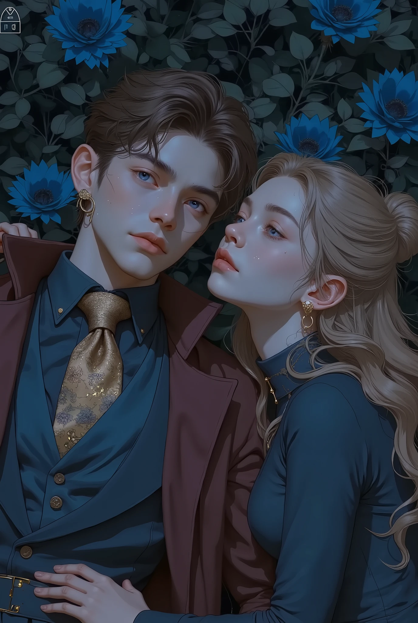 Ultimate Couple Contest! Ship your OTP—showcase their sweet fluff or angsty drama. Handsome young man and beutiful young girls lying in the bushes and thorns and beautiful black flowers, top view camera. wearing deep maroon wizards robe and teal turttle neck shirt inside. oil painting, masterpiece, shadows, expert, insanely detailed, 4k resolution,