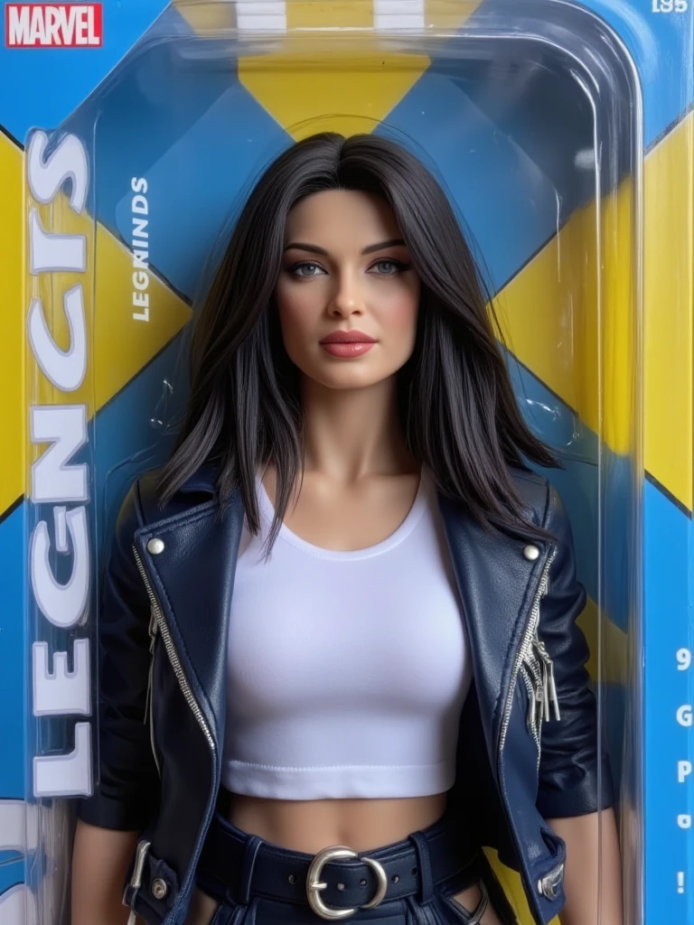   ActionFigureQuiron,  
This image is a photograph of a collectible action figure box for a Legends figure of Gypsy (Cynthia Reynolds) - DC Comics, a character from the X-Men franchise. The box is rectangular with a light blue background and a prominent yellow band at the top. The Marvel logo is displayed in the upper left corner, followed by "LEGENDS" in bold, white text. The box features a large, stylized  logo of a stylized X in the center. Instagram picture of a beautiful woman, white tshirt, edgy leather jacket at a music concert, dark hair, epic character composition,by ilya kuvshinov, alessio albi, nina masic,sharp focus, subsurface scattering, f2, 35mm, film grain,