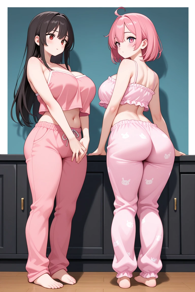 Sexy girl, long hair, cute, big eyes, small nose, big breasts, huge ass, curvy, hips, voloptous, skinny, body, short, tight school crop top, tight pink sweatpants, looking at the middle, bedroom, smirking, realistic, uhd, hyperdeitaled