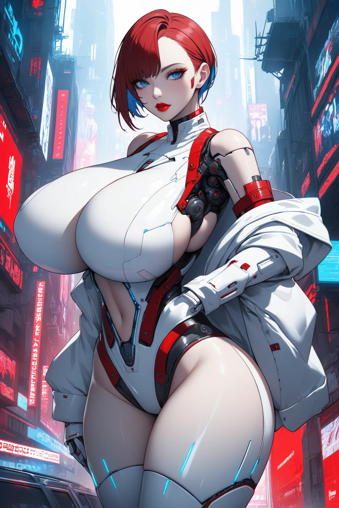 Scarlett Johannson em Fantasma na Concha, short pink hair, tight white bodysuit with big breasts, fake breats, huge breats , Skyline of a war-torn city at night