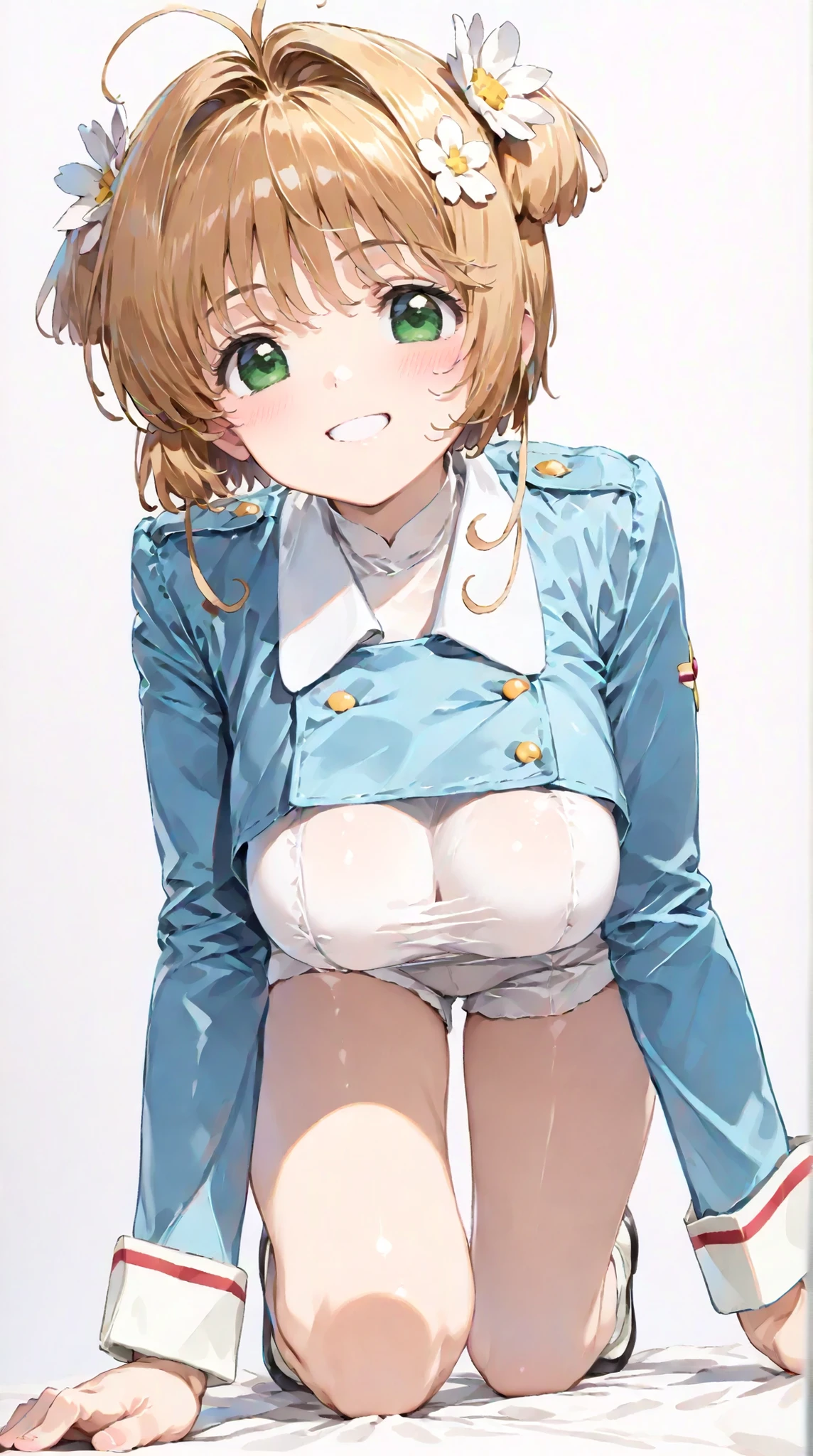 (masterpiece, top quality:1.5), 1girl, solo, Kinomoto Sakura(Cardcaptor Sakura)、20yo, portrait, white clothes, Blue Jacket, Smiling, short hair, Full Body, Slightly Super Big Breasts, Flower Hair Accessory, kyun kyun, It's absolutely fine,