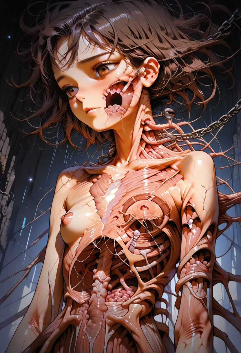 ((Best masterpiece, Perfect quality, Ultra detailed)), A skinny nude girl with flat-bust. She is parasitic. Injured body, Bloody wounds, Parasites, Grotesque, Morbid, Full body