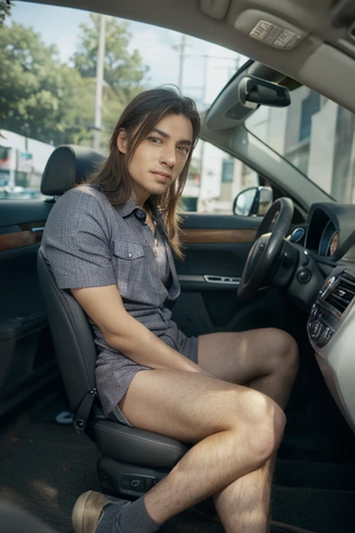 stylist man, red medium length hair, fashion wearing, posing near the car, smirk, green eyes