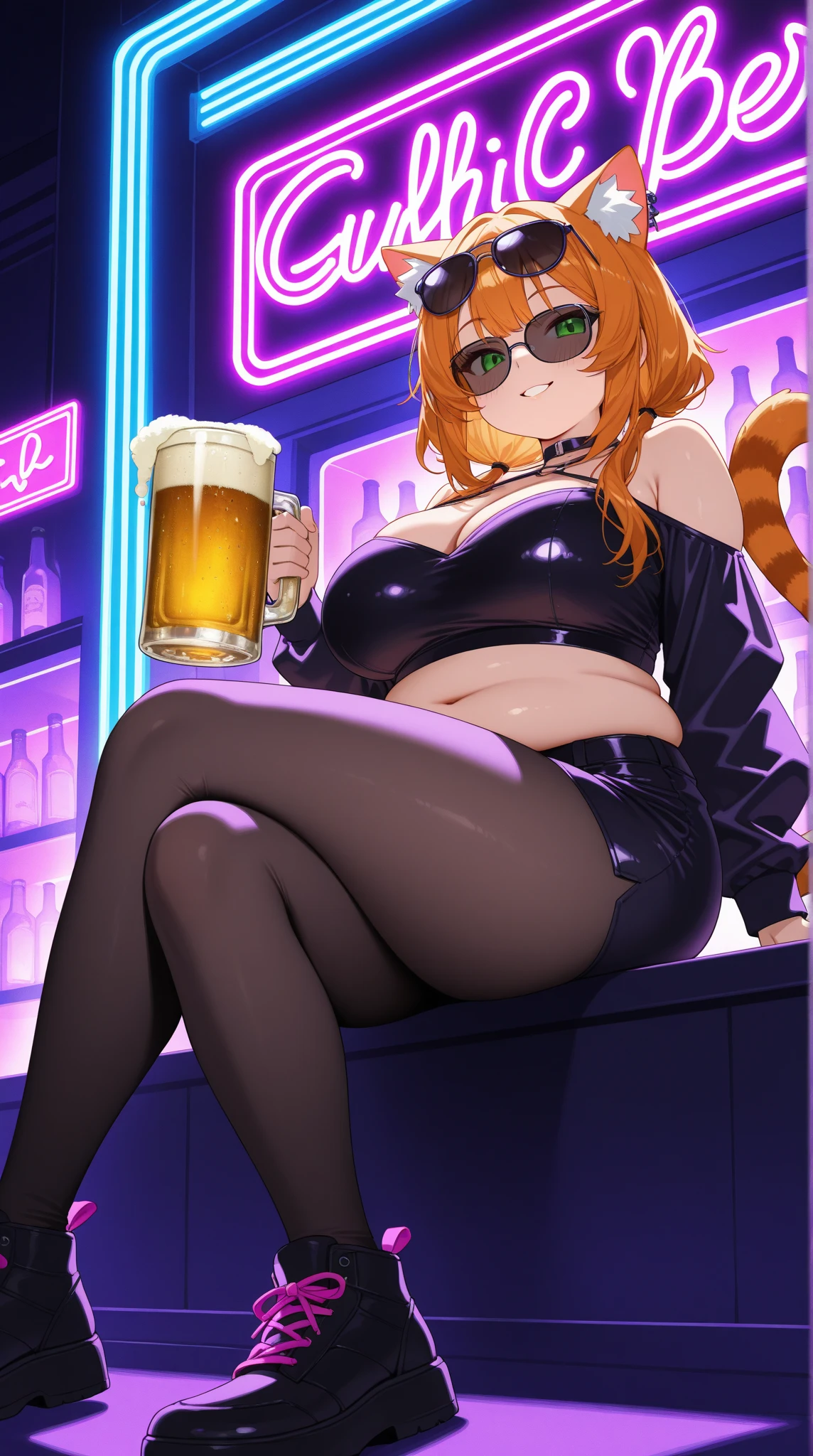 (Best Quality, masutepiece), depth of fields, Blurry background, thick thighs, Standing, Solo, 1girl in, long orange hair, (Ahoge:0.9), Glasses, Blunt bangs, Purple eyes, (full-face blush), ((Playboy Bunny, pantyhose, Bunny ears, highleg, highleg leotard, Black Leotard, Leotard)), a bar counter, nightclubs, Night,bbw、huge-breasted