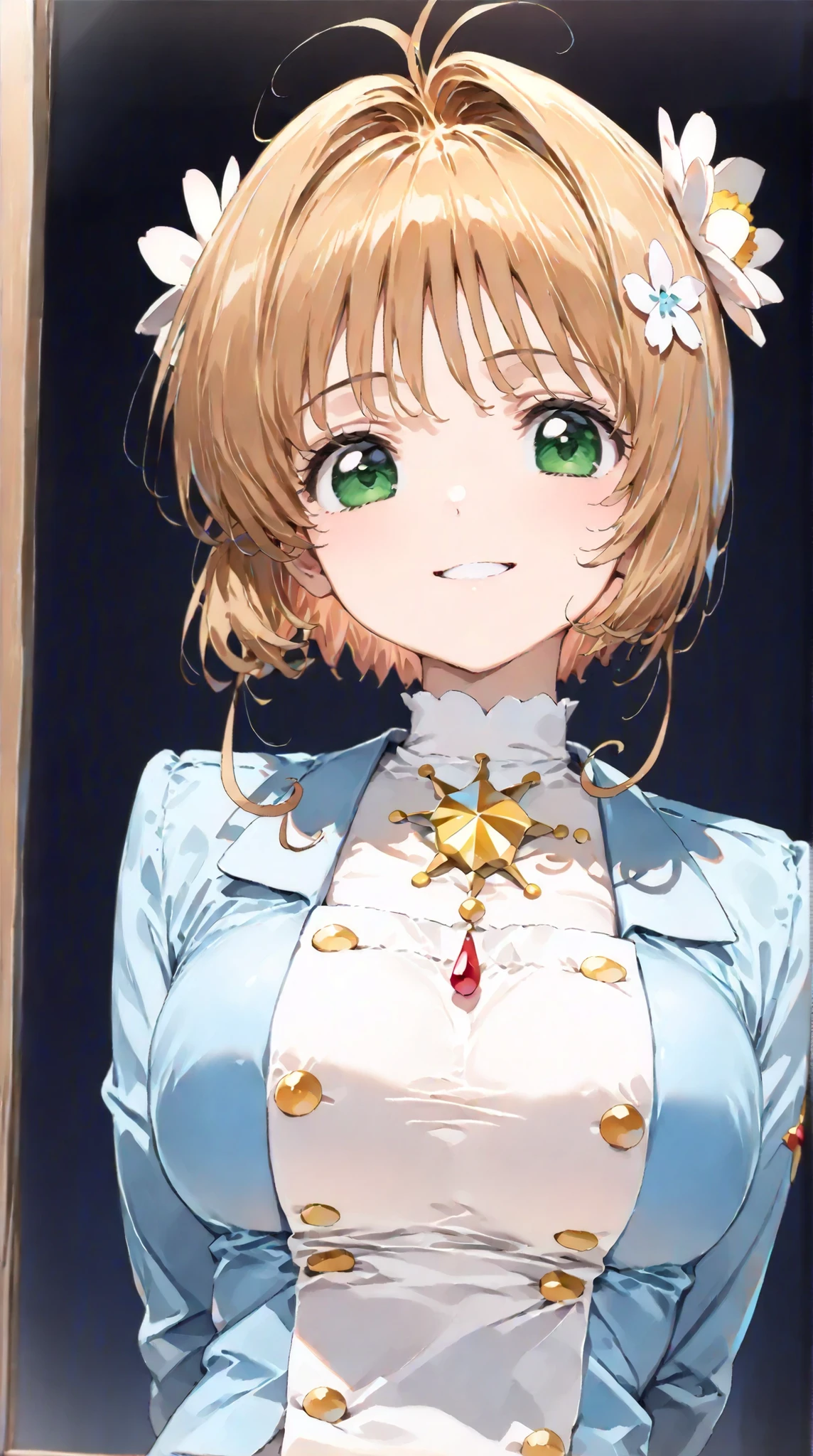 (masterpiece, top quality:1.5), 1girl, solo, Kinomoto Sakura(Cardcaptor Sakura)、20yo, portrait, white clothes, Blue Jacket, Smiling, short hair, Full Body, Slightly Super Big Breasts, Flower Hair Accessory, kyun kyun, It's absolutely fine,