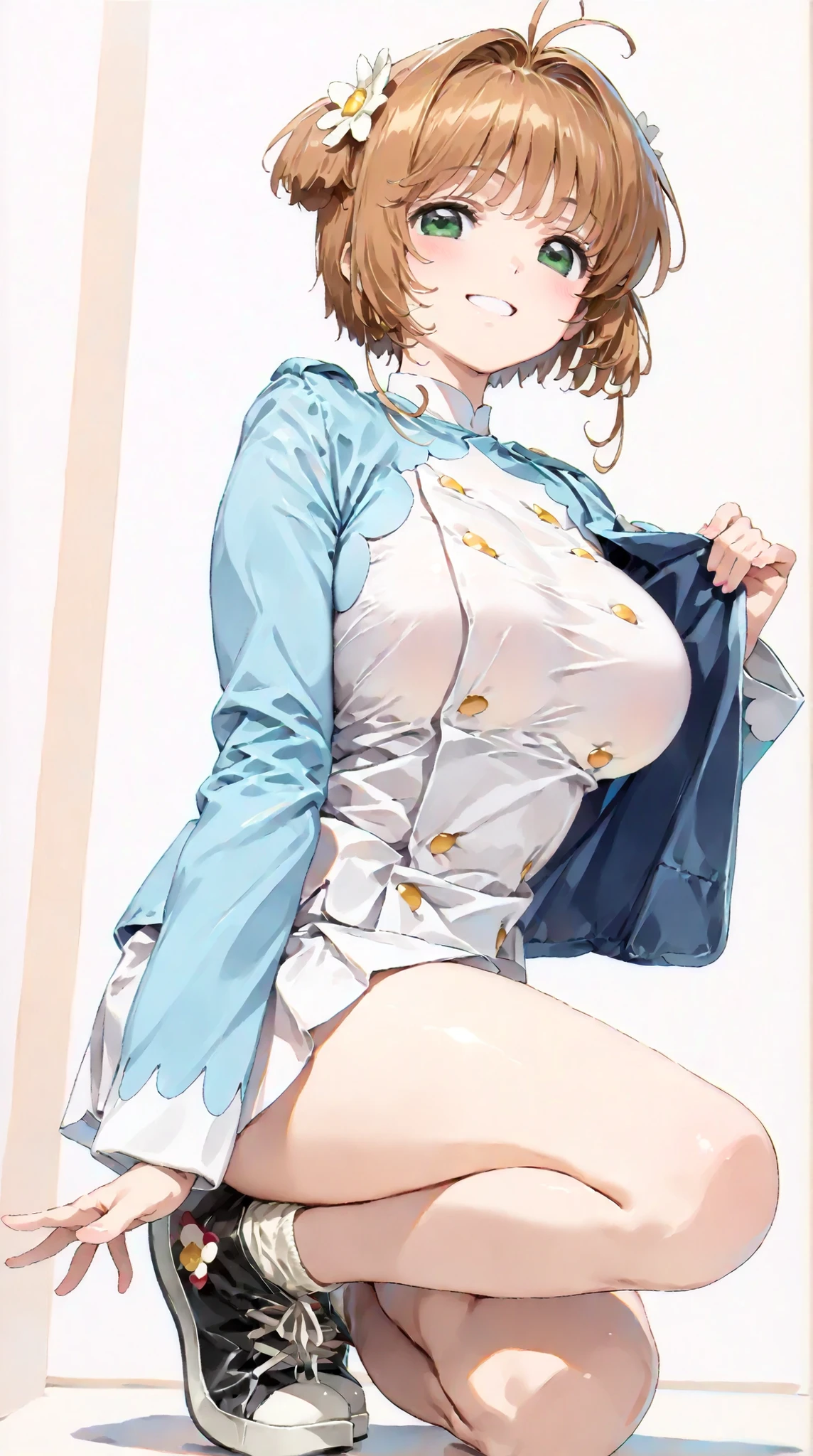 (best quality:1.3), (4K quality), Nobara Kugisaki by Jujutsu Kaisen, (big breasts), sexly, (( cut hair )), bedroom,Lying in bed、Raise your arms、Sheer white shirt、No bra、pink nipple、Embarrassed expression、Glossy pink lips、masterpiece、4K