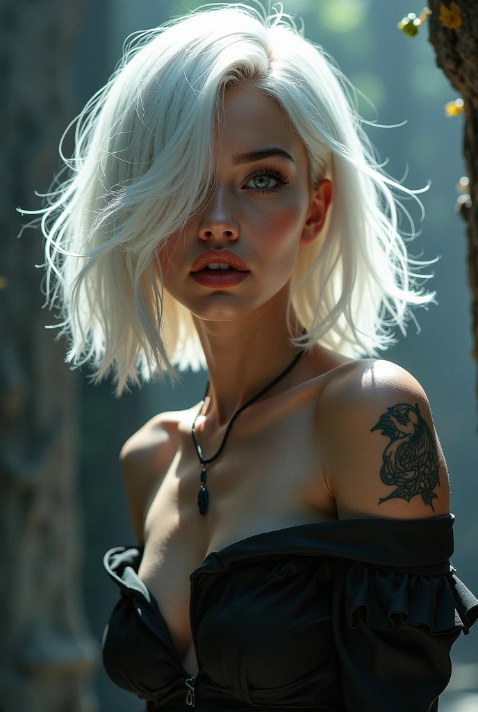 Remixing_girl,1girl,Dark theme,Short silver-white hair, long sideburn,filmgrain,Foggy sections,Black theme Tyndall,,sexy for, Tattooed with