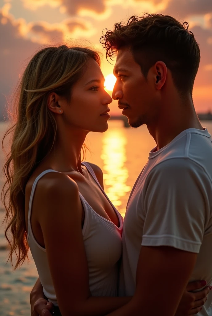 1 royal couple, sensual woman on beach, man in sexy lingerie, intimate embrace, golden hour lighting, ocean waves, romantic atmosphere, photorealistic, highly detailed, intricate background, warm colors, cinematic composition, dramatic lighting, premium quality