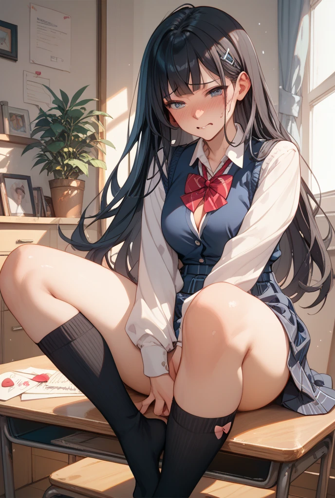 (8K、Best image quality、Highest quality、masterpiece)、One tall girl、((Full body))、Sit on the floor with your legs spread apart、White panties are visible、Long Hair、Wavy Hair、blush、Moderate bust、White collared shirt、Short sleeve、((Plaid pleated mini skirt))、Classroom Background、((black tights))、Black Pantyhose、((No shoes))