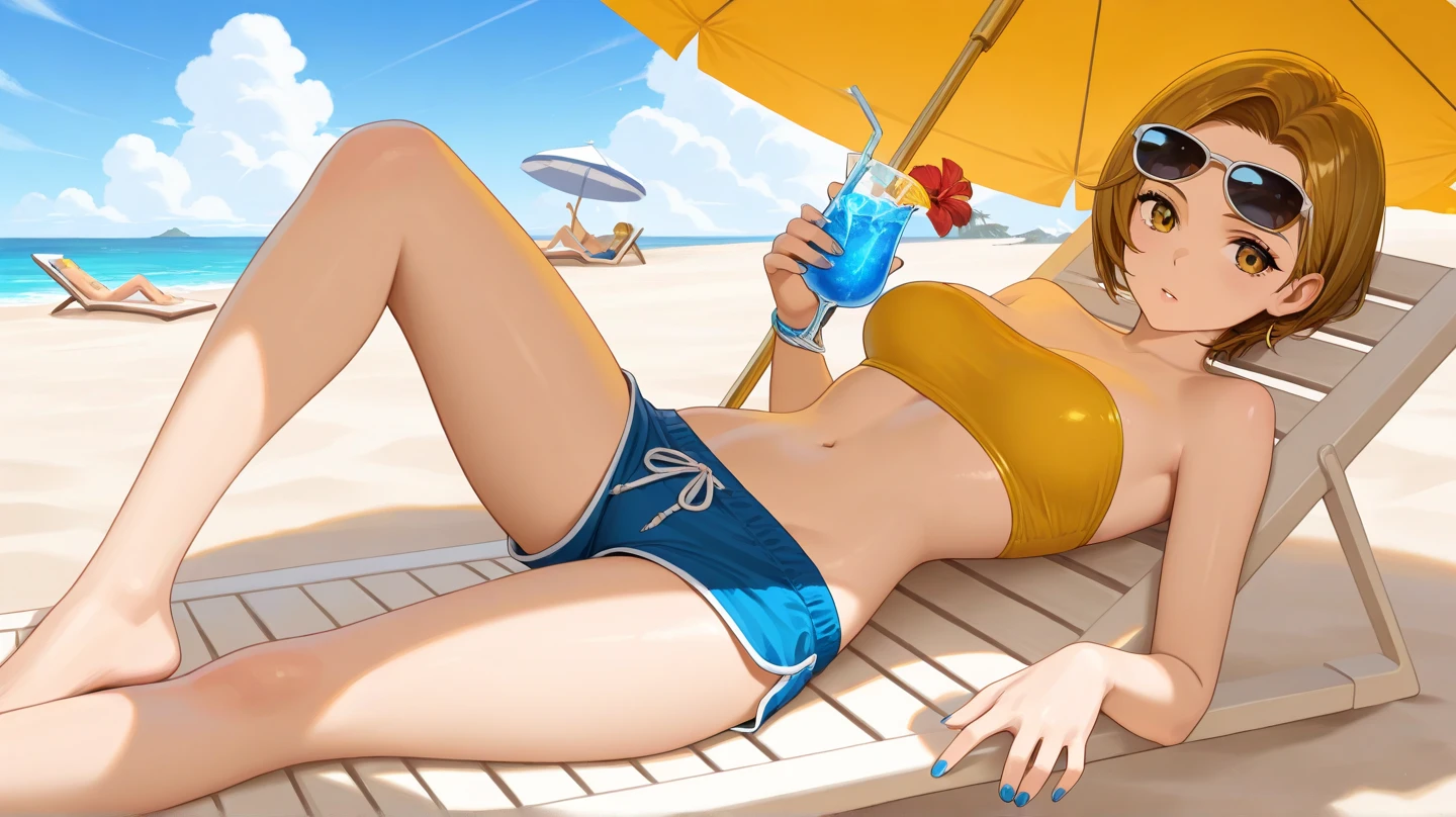 araffe woman in a yellow bikini leaning over a blue chair, in a sun lounger, next to a pool, squatting down next to a pool, profile shot, babe, barefoot in sandals, in yellow bikini, in a yellow bikini, lascivious pose, sables crossed in background, inspired by Bunny Yeager, various lacivious seducing poses