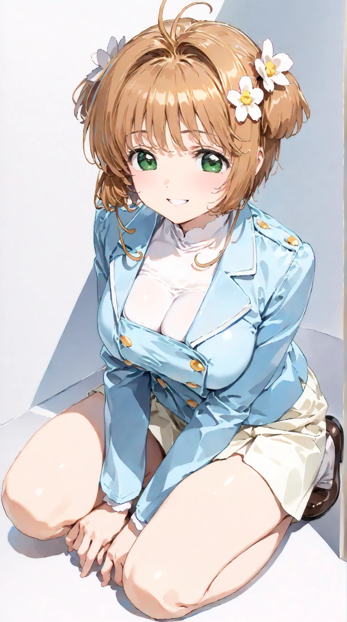 (masterpiece, top quality:1.5), 1girl, solo, Kinomoto Sakura(Cardcaptor Sakura)、20yo, portrait, white clothes, Blue Jacket, Smiling, short hair, Full Body, Slightly Super Big Breasts, Flower Hair Accessory, kyun kyun, It's absolutely fine,