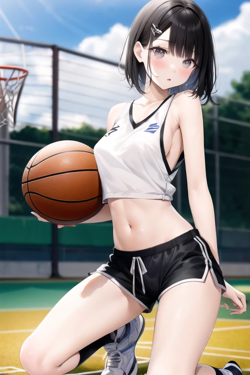 Japanese junior and senior high school girl Athletics Club activities Outdoors Raise both arms wide Legs apart Running Beautiful girl Blonde Short hair Small breasts Slim Beautiful legs Skin is delicate and beautiful White tank top White underwear Underwear is see-through Very exposed skin Navel exposed, whole body wet with sweat, hair is wildly disheveled, shy expression, perspective viewed from directly below, armpit hair growing