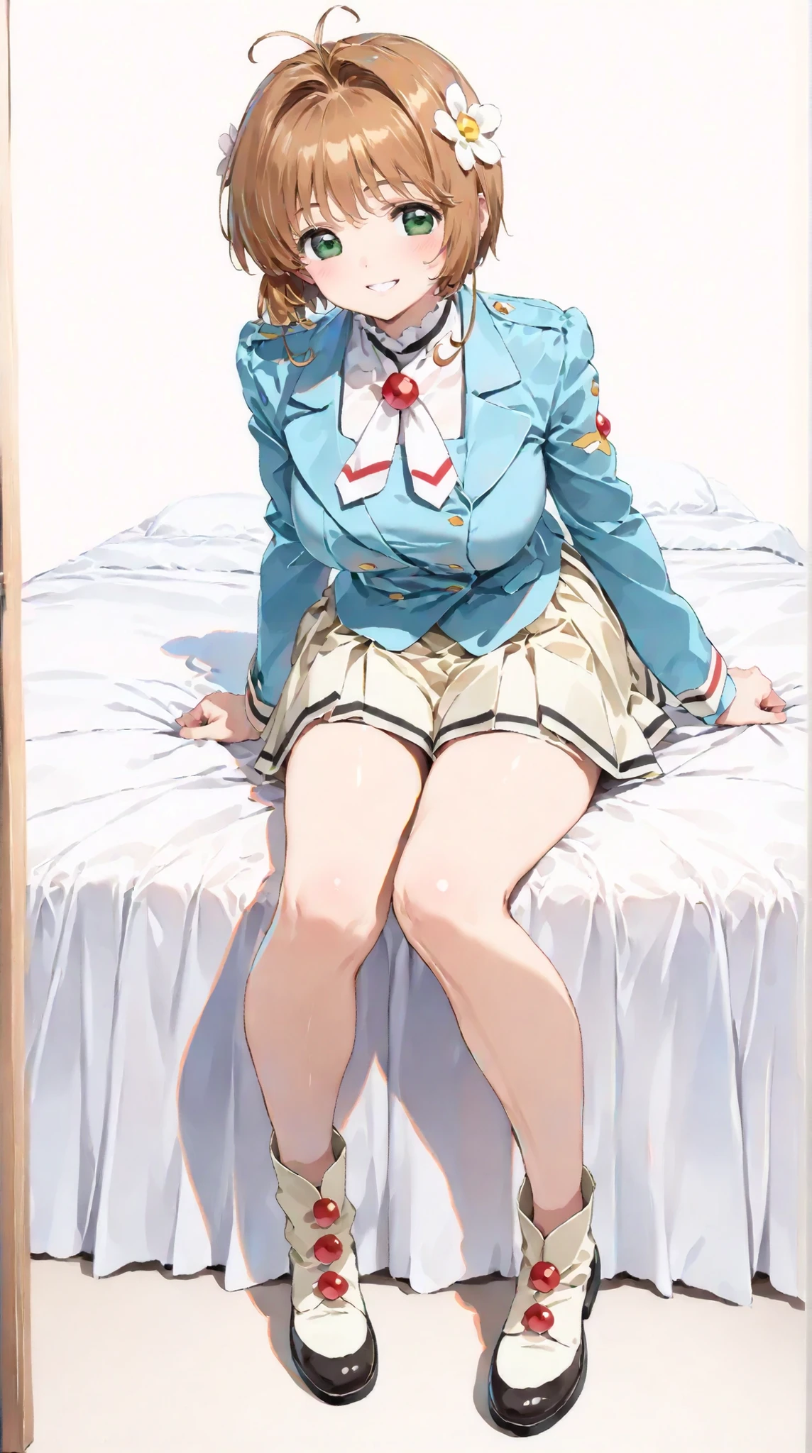 ((((jumpping))) ((Underwear pattern)) Look away and peek masterpiece, ((Luminous Eyes)), top-quality, detailed Underwear pattern, ultra-detailliert, (extremely delicate and beautiful work), ((masuter piece)), (Best Quality),(Having :1.3) ,, (Spread legs) ,(((Wearing marching band costume ))),short wavy hair,lying down on the bed 、spreads her legs,focus on her thighs, Front of view,in girlish cute interior room,many cute goods on the bed,((( Being held down by multiple hands ))) ,vaginal sex