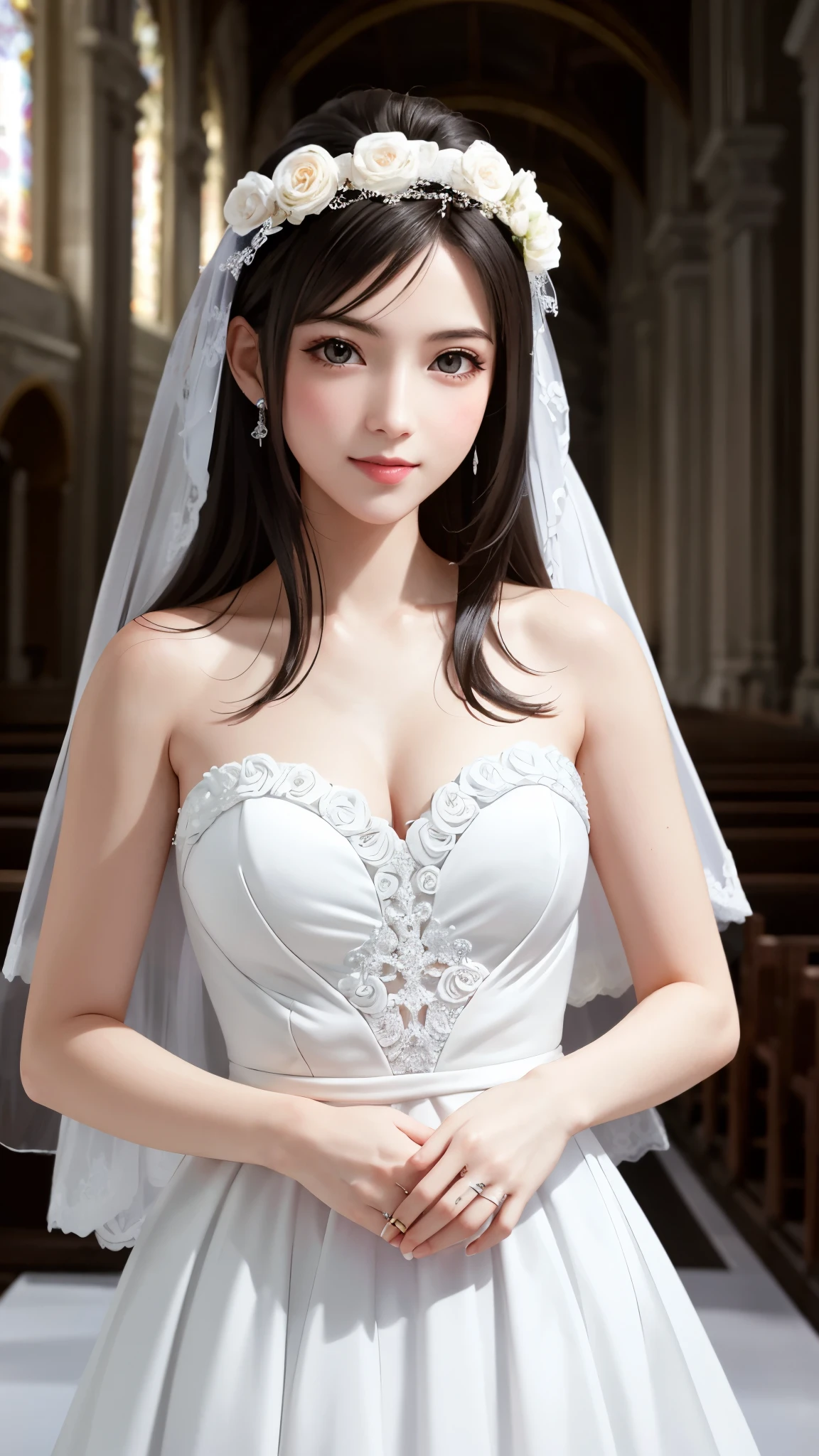 (((Pixel perfect, Perfect details))), alone, 1 girl, Thousands of miles, Close-up of beautiful bride wearing beautiful wedding dress,Gurwitz,(bridal veil:1.5),(transparent short veil:1.5),Blushing face,Head flower,headgear,(tube top wedding dress:1.5),(Silk dress:1.2),(Strapless wedding dress:1.5),pure white dress,necklace,earrings,(large breasts:1.3),Deep V peach heart collar wedding dress,Bangs,lipstick,(elbowgloves:1.3),whole body照,High detail RAW color art,White long skirt,whole body,Put your hands behind your back,