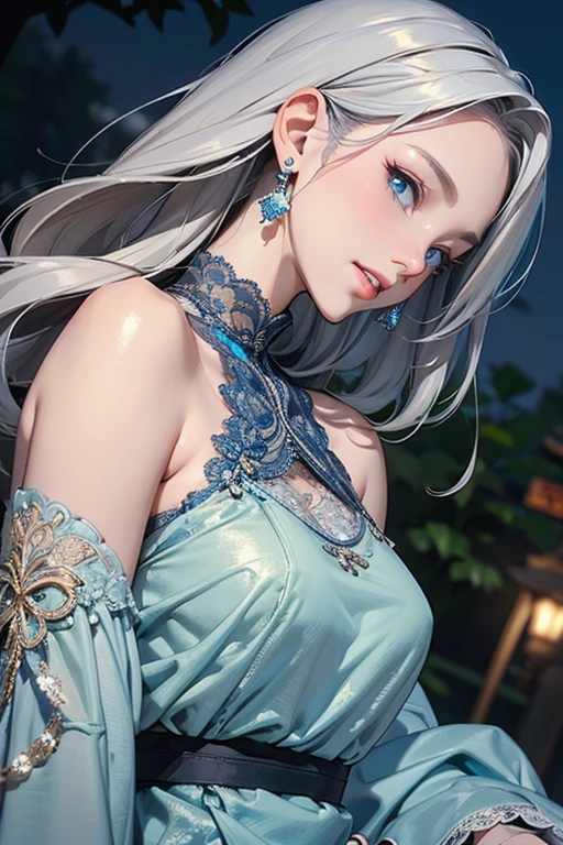 I want to draw a beautiful woman with silver hair, blue eyes, long hair, and big breasts.。Let me smile a little