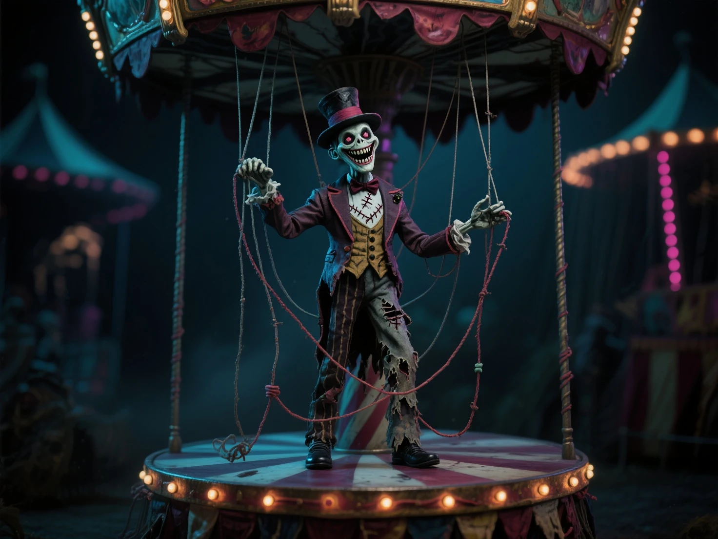 (knitted toy voodoo doll:1.7), (Voodoo Rat Underground Circus Performer:1.3), (Clothing: tattered circus costume with dark patterns:1.0), (Accessories: enchanted juggling balls, glowing sinister ringmaster's whip:1.2), (background: decaying circus tent with floating, glowing spectral props and eerie mist:1.2), best quality, masterpiece, detailed soft oil painting, detailed background, dramatic cinematic lighting, soft edge lighting, professional, dramatic lighting, hard edge lighting, ultra quality, 4k,masterpiece, best quality, 8k, ultra highres, highres, extremely detailed