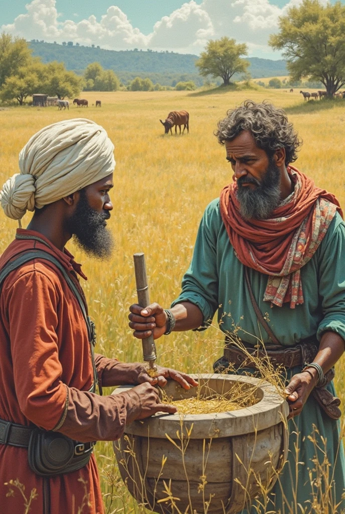 a man in a tribe in the 400s after Christ harvesting wheat,with people in the background also harvesting