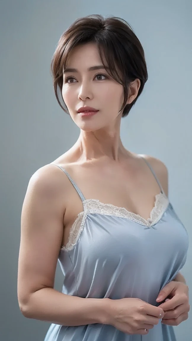 Japanese Town(Bedroom、bed)、High resolution、high resolution. Masterpiece Skin Roughness、Anatomically correct sharp、((Japanese Mature、40 years old)alone(Facial wrinkles))Shapely large breasts、Light black short hair reaching to the shoulders、Slim figure(Stand upright。Facing the center of the screen.)).Sparkling smile lingerie