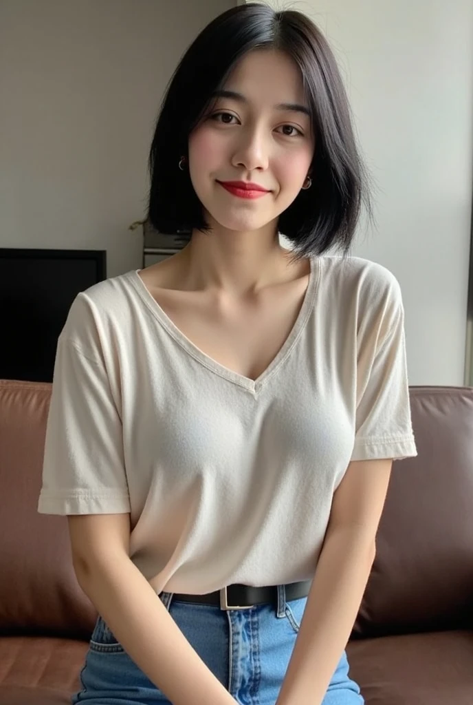 highest quality,masterpiece,Ultra-high resolution,(Realistic:1.4),Beautiful lighting, (Highly detailed CG Unity 8k wallpaper), Beautiful face in every detail,Detailed clothing, 50mm portrait photography, No background、One Girl,Big black eyes, cute, young, Pause, Facial Lighting, Physically Based Rendering,Written boundary depth , Black Hair, Medium Hair, ((Take from above)), Japanese women、20-year-old、White shirt、(Large Breasts)、(Upper Body)、Young and beautiful woman taking a selfie, Taken with iPhone camera、In front of a white wall