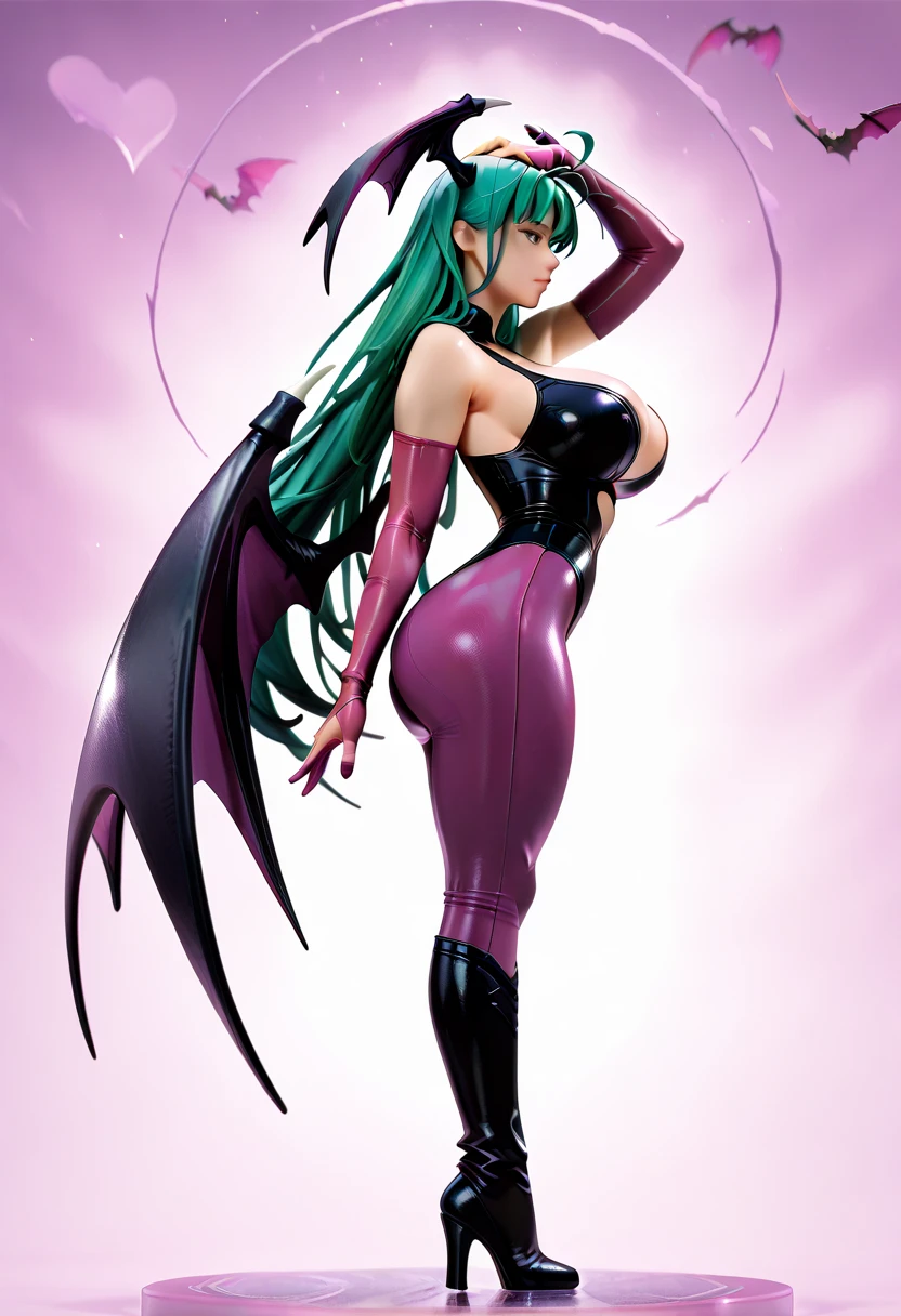 ((Morrigan Aensland feita em vitral)), (cabelo em vidro verde), cabelo verde, olhos em vidro verde, detalhes em plumas brancas em vidro branco, (purple tights in purple glass), (asas de morcego nas costas da Morrigan Aensland feitas de vidro preto e as membranas das asas de morcego feitas com vidro roxo), (Bat wings on Morrigan Aensland's head), meiô therefore, botas de cano curto pretas feitas com vidro preto, vitral dentro de interior de castelo.