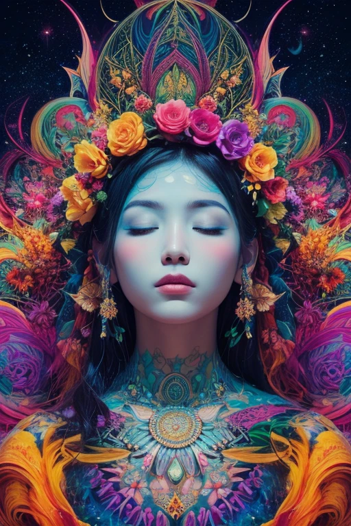 (masterpiece、highest quality、beautiful:1.2)、surreal、(digital painting)、1 girl、Abstract beauty in psychedelic style、approaching perfection、very detailed、art station、concept art、An illustration、Bright colors、Swirling patterns、abstract shapes、blooming flowers、colorful petals、complex background