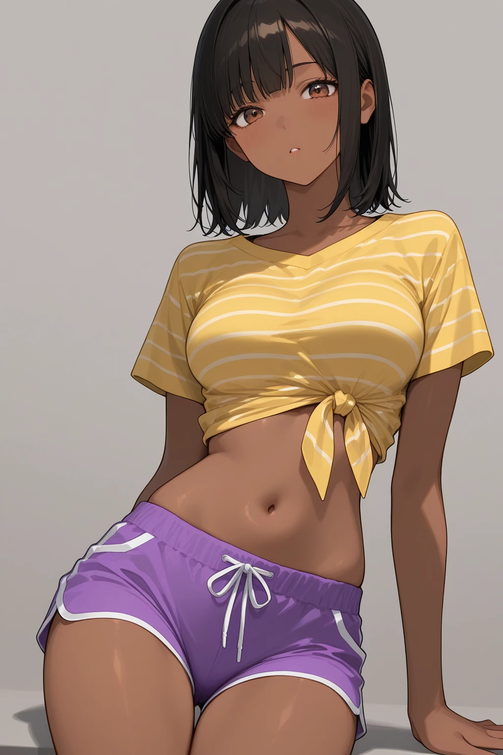 (masterpiece, highest quality, ultra high res, ultra detailed:1.3), 1 cute girl, ideal ratio body proportions, (dark-skinned Asian girl), gyaru, (yellow baggy tank top, green mini skirt:1.2), (showing off panties, white panties, lifting the skirt by self:1.4), cameltoe, shy look, (tank top covered nipples:1.3), in cute room, (dark skin, tanned skin:1.4),