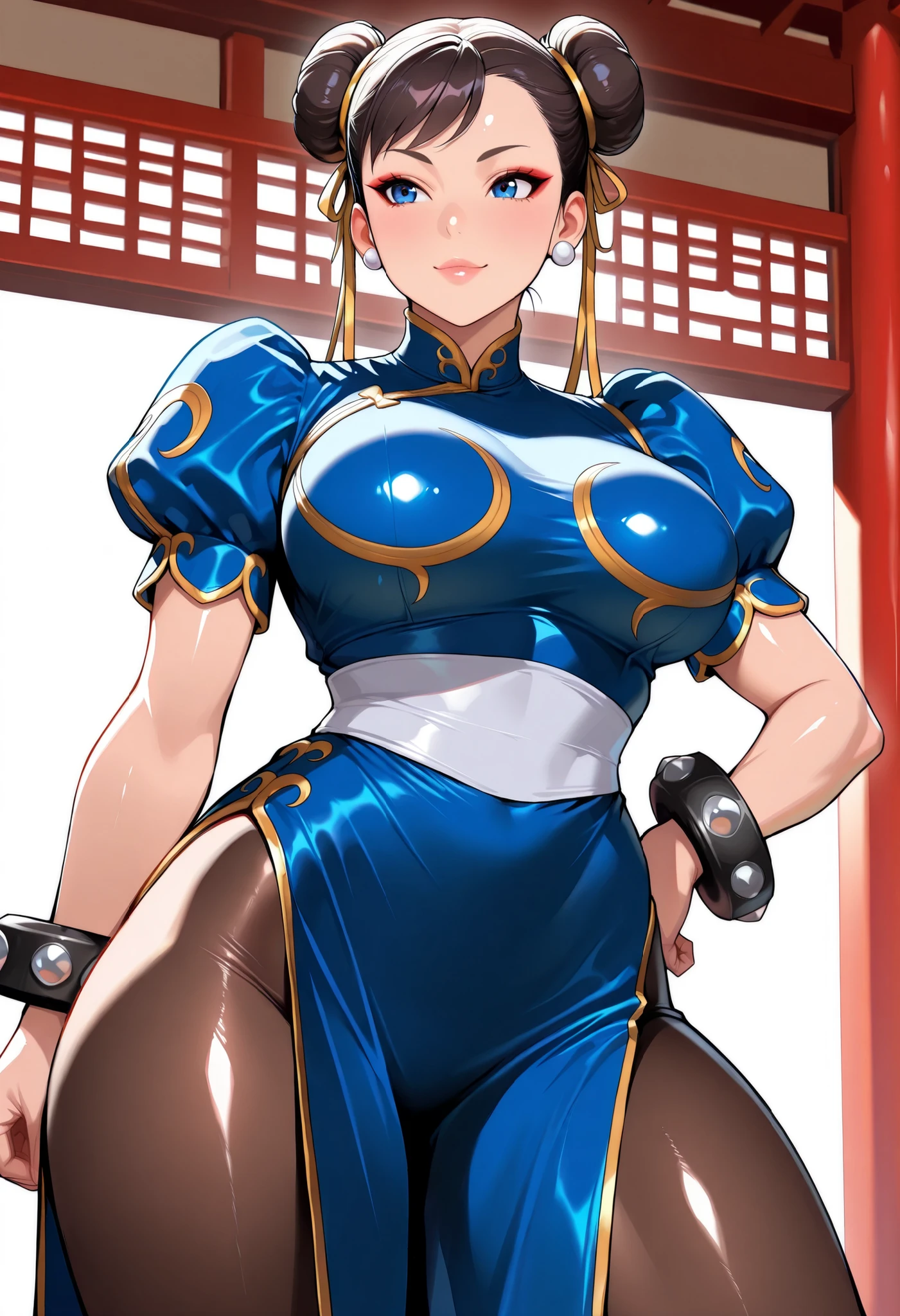 1girl, solo, Chunli, SF6, very detailedな肌, Shiny Skin, detailed faces with ofisu, Sexy, upper body, Beautiful Eyes, beautiful face, (Comic Eye), lip gloss, curled eyelashes, Sweep Bang, Big breasts, blue china dress, Prickly Bangles, black pantyhose, Chinatown:1.4, dynamic angle, Satu Pose, masterpiece, top quality, amazing quality, very beautiful, very high resolution, Newest, Realistic, super detail, very detailed,