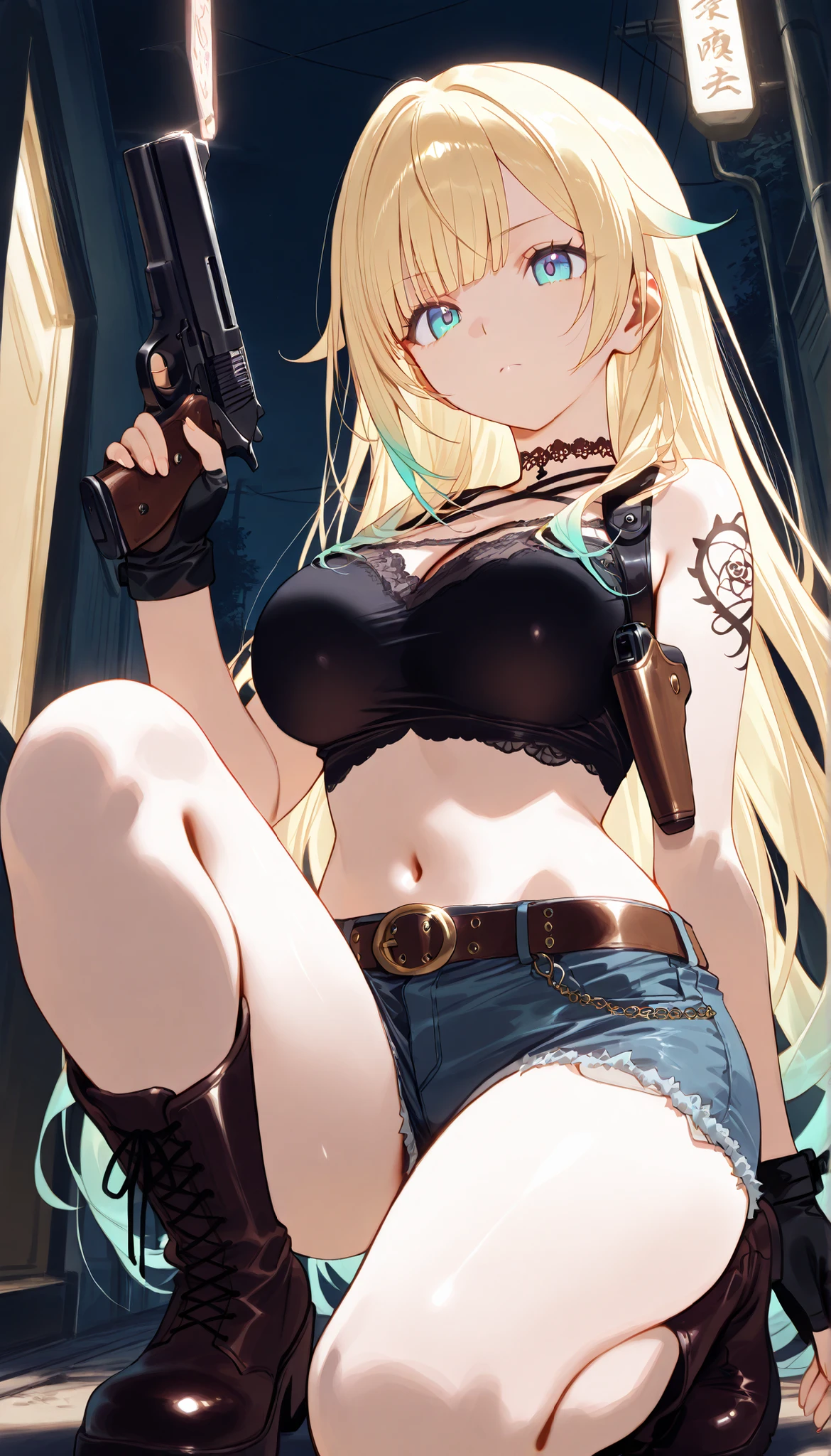 masterpiece, score_9, score_8_up, score_7_up, anime, pinup, Supreme Masterpiece, perfect eyes, perfect face, Best Quality, high resolution, aizawa ema, 1girl, virtual youtuber, blonde hair, aqua hair, gradient hair, long hair, very long hair, blunt bangs, blue eyes, large breasts, shoulder tattoo, crop top, short shorts, denim shorts, belt, midriff, fingerless gloves, shoulder holster, black top, round neck, boots, standing, side angle, serious, holding handgun, dual handguns,  large handguns, night, narrow alley, black sky, 2 pistol holsters, on one knee